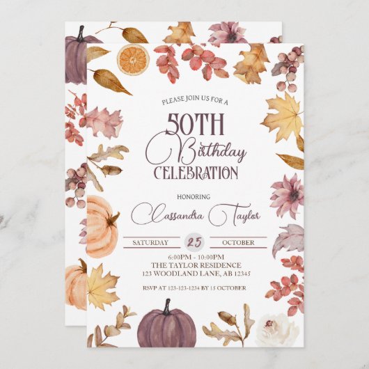 Invitation Boho Automne 50e anniversaire, Autumn Foliage Anni (Devant / Derrière)