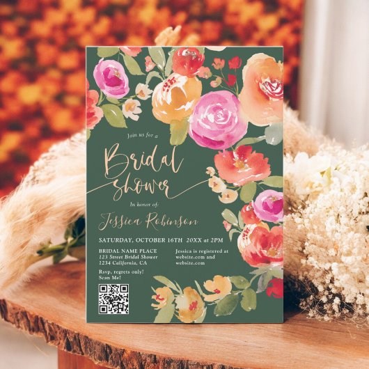Invitation Boho Automne aquarelle fleurie QR douche nuptiale 