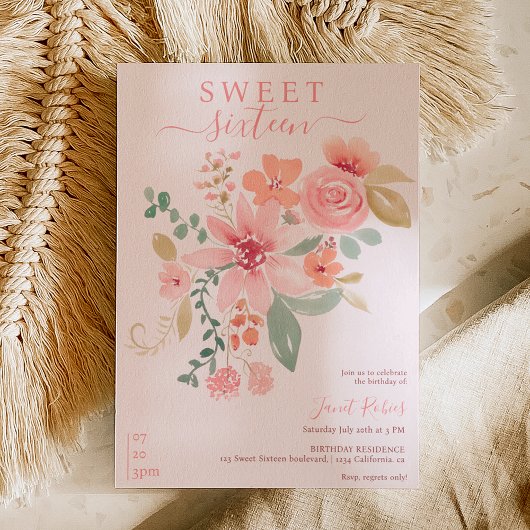Invitation Boho automne aquarelle florale chic Sweet 16
