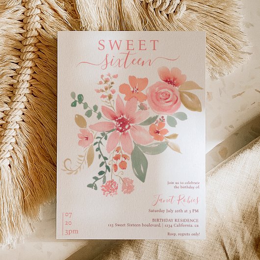 Invitation Boho automne aquarelle florale chic Sweet 16