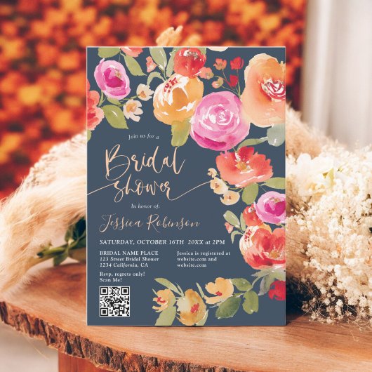 Invitation Boho Automne aquarelle florale QR douche nuptiale 