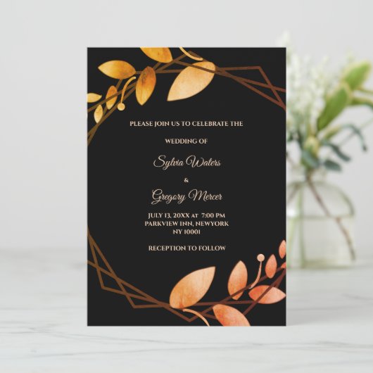 Invitation Boho automne botanique cadre or mariage (Debout devant)