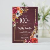 Invitation Boho automne Bourgogne floral script 100e annivers (Debout devant)