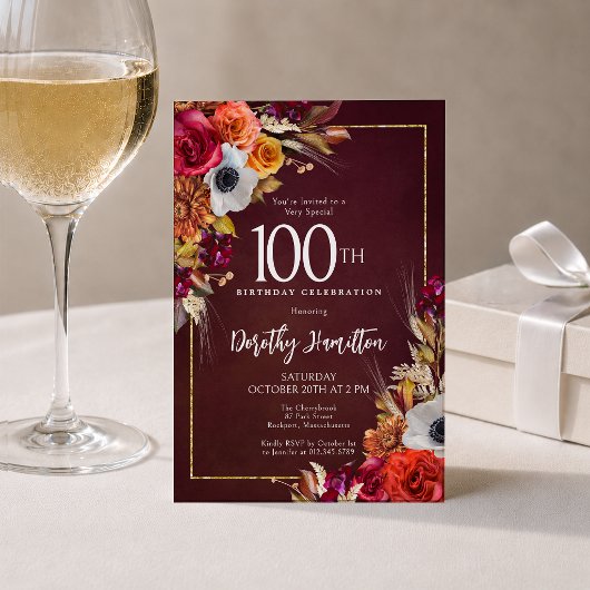 Invitation Boho automne Bourgogne floral script 100e annivers