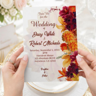Invitation Boho automne burgundy, orange brûlé et floral doré