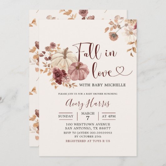 Invitation Boho Automne Citrouille Floral Chute en Amour Invi (Devant / Derrière)