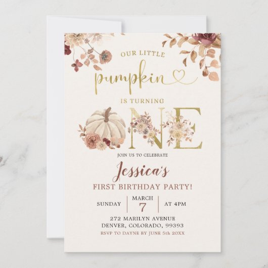 Invitation Boho Automne Citrouille Floral Premier anniversair (Devant)