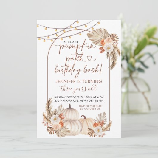 Invitation Boho Automne Citrouille Patch Anniversaire Bash In (Debout devant)