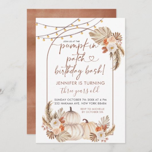 Invitation Boho Automne Citrouille Patch Anniversaire Bash In (Devant / Derrière)