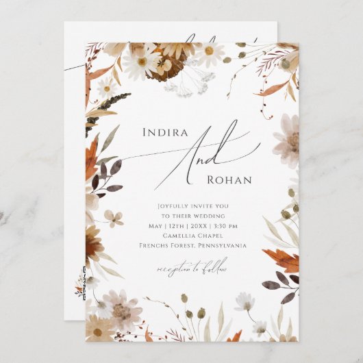 Invitation Boho Automne Fleur sauvage QR Code Tout en un Mari (Devant / Derrière)
