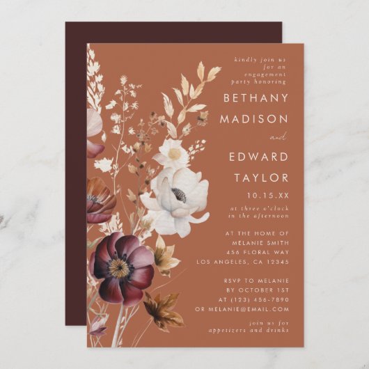 Invitation Boho Automne Fleur sauvage Terracotta Engagement P (Devant / Derrière)
