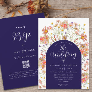Invitation Boho Automne Fleurs Sauvages Bleu Nuit Blanc Maria