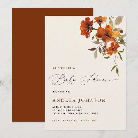 Invitation Boho Automne Fleurs sauvages Cosy Baby shower Auto (Devant / Derrière)