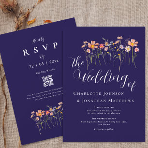 Invitation Boho Automne Fleurs Sauvages Floral Bleu Marine Co