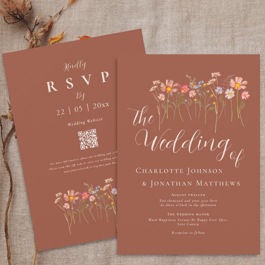 Invitation Boho Automne Fleurs Sauvages Floral Terracotta Cod