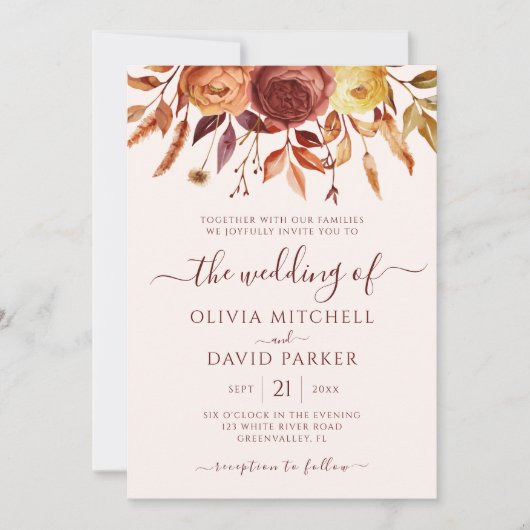 Invitation Boho Automne Floral Fleurs Rustiques Mariage de fe (Devant)