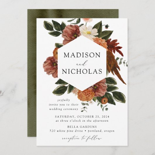 Invitation Boho Automne Floral Frame Mariage (Devant / Derrière)