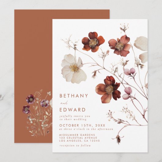Invitation Boho Automne Mariage Floral (Devant / Derrière)