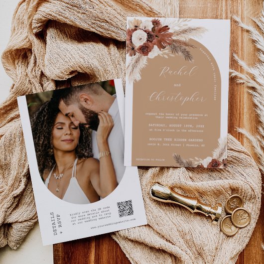 Invitation Boho Automne Mariage Pampas Arche en herbe Photo Q