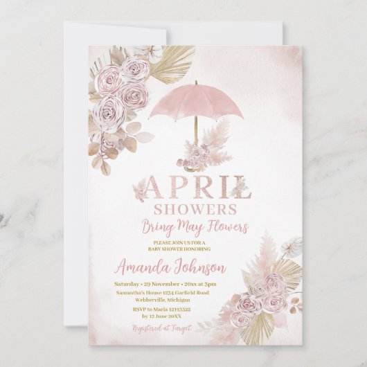 Invitation Boho Avril Douches Apportent Mai Fleurs Roses (Devant)
