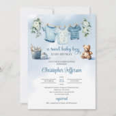 Invitation Boho Baby Boy Clothesline eucalyptus ours en peluc (Devant)