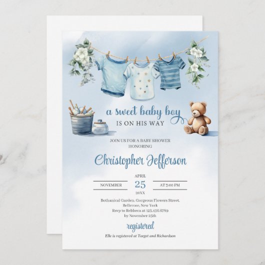 Invitation Boho Baby Boy Clothesline eucalyptus ours en peluc (Devant / Derrière)