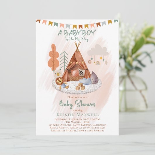 Invitation Boho Baby Boy Teepee et Baby shower de jouets (Debout devant)