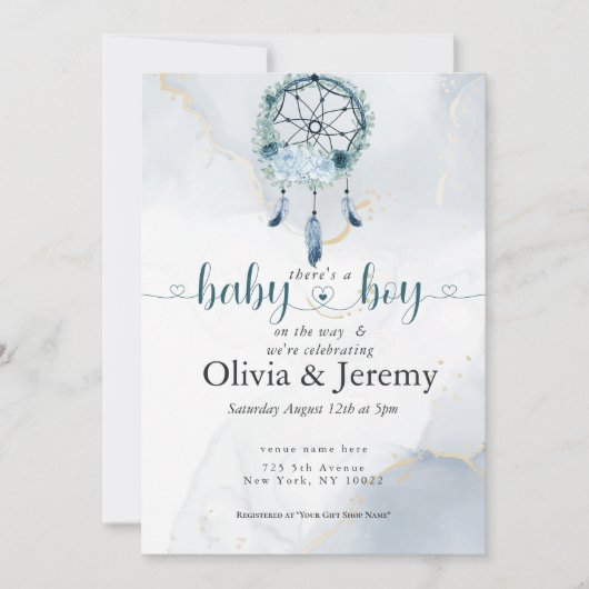 Invitation BOHO Baby BoyTeal et Dusty Blue Dreamcatcher (Devant)