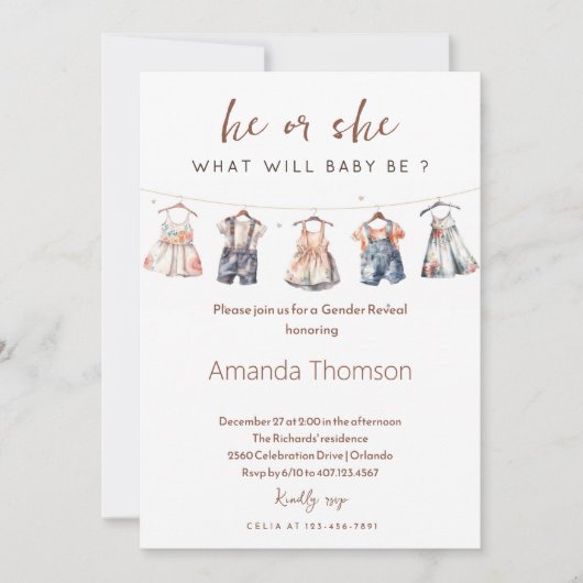 Invitation Boho Baby Clothes Révélation de genre (Devant)