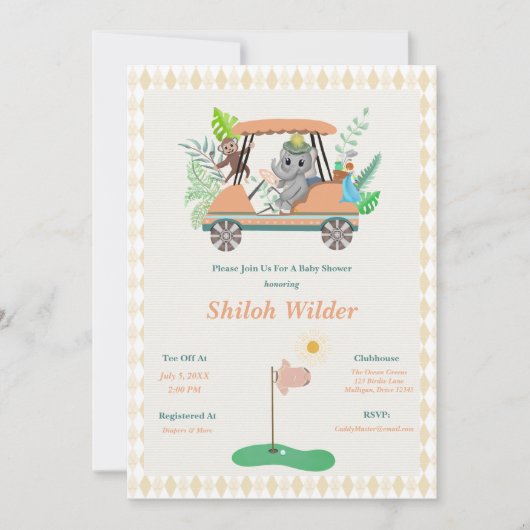 Invitation Boho Baby Elephant & Monkey Golf Baby shower (Devant)