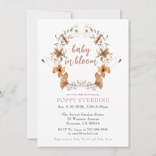 Invitation Boho Baby In Bloom Baby shower Fleur sauvage (Devant)
