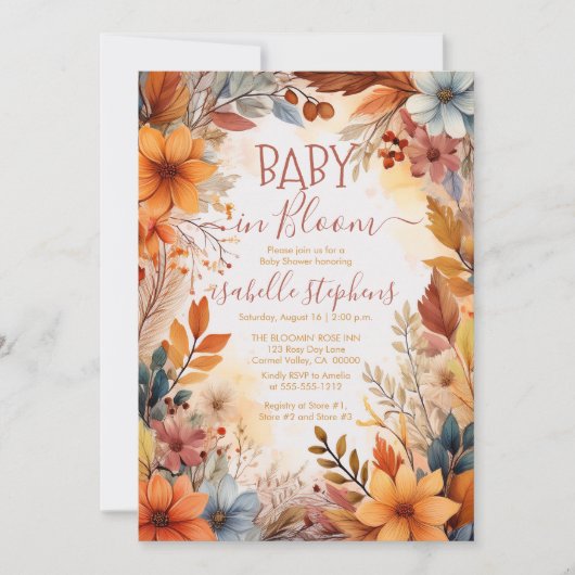 Invitation Boho Baby in Bloom Fall Floral Frame Baby shower (Devant)
