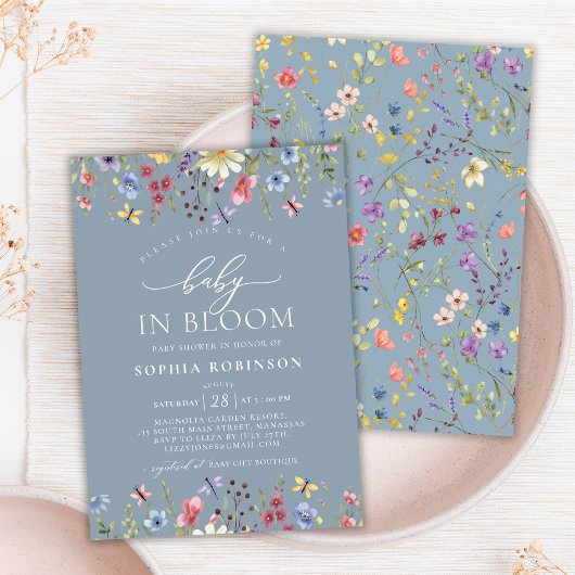 Invitation Boho Baby in Bloom Fleur sauvage Baby shower bleu
