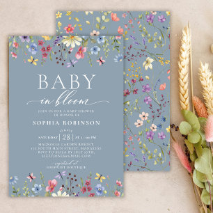 Invitation Boho Baby in Bloom Fleur sauvage Baby shower bleu