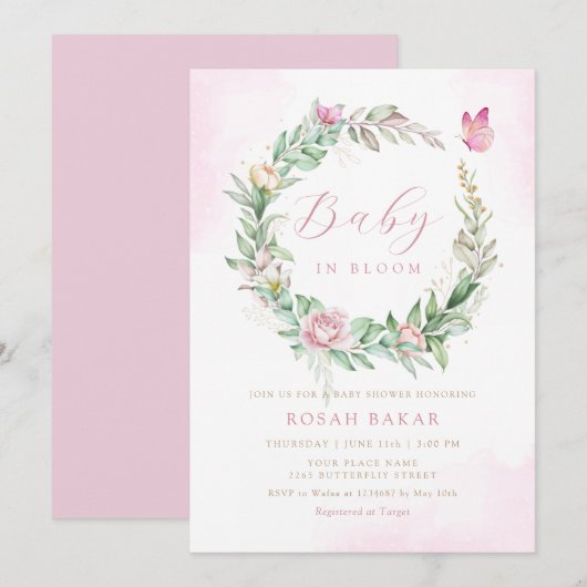 Invitation Boho Baby moderne en fleur Floral fille baby showe (Devant / Derrière)