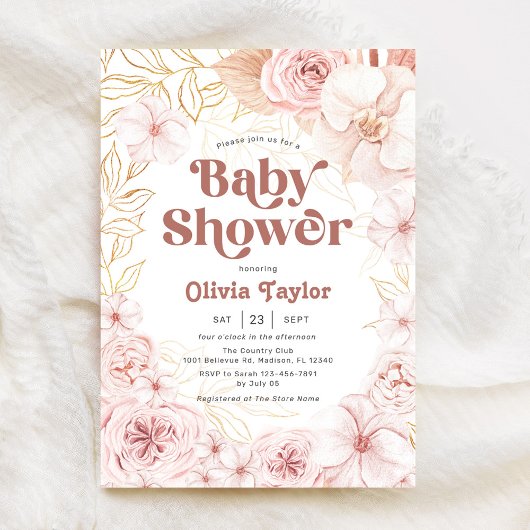 Invitation Boho Baby shower bleu rose floral