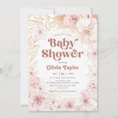 Invitation Boho Baby shower bleu rose floral (Devant)