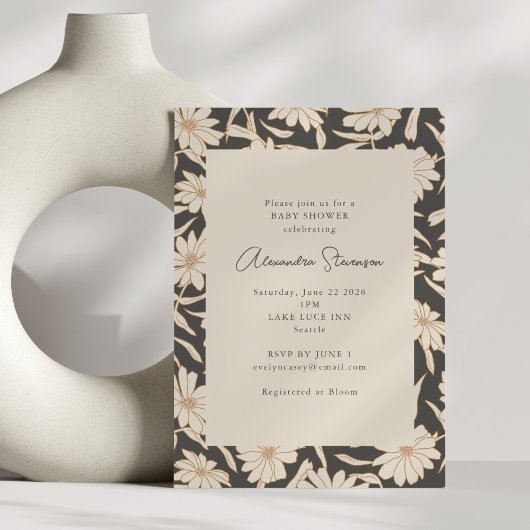 Invitation Boho Baby shower botanique moderne noir et ivoire