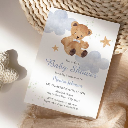 Invitation BOHO Baby shower Boy | Ours et nuages