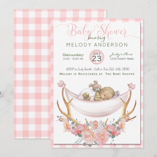 Invitation BOHO Baby shower Coral Hammock Antlers Floral (Devant / Derrière)