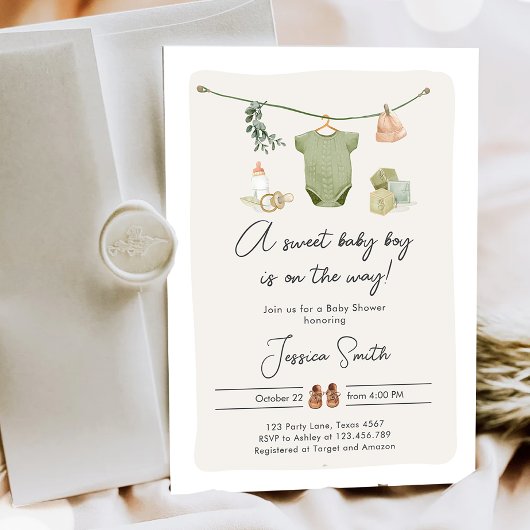 Invitation Boho Baby shower garçon sur le chemin vêtements ru