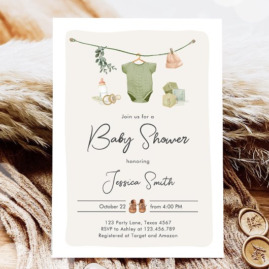 Invitation Boho Baby shower Garçon Vêtements neutres Rustique
