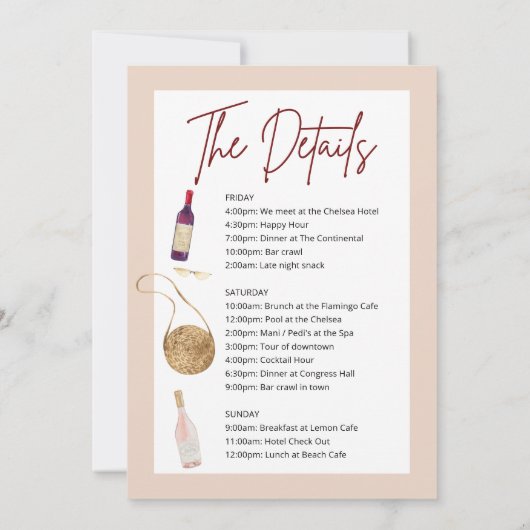 Invitation Boho Bachelorette Winery Week-end Itinéraire (Dos)