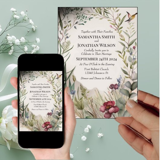 Invitation BOHO Bague de fleurs et branches Mariage