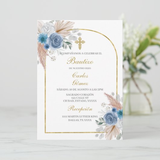 Invitation Boho Baptism espagnol pour garçon (Debout devant)