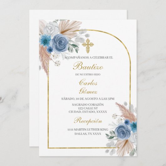 Invitation Boho Baptism espagnol pour garçon (Devant / Derrière)