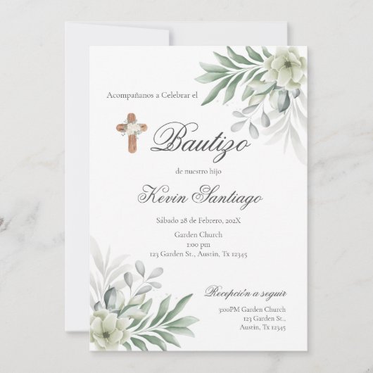 Invitation Boho Baptism Español Invitación floral (Devant)