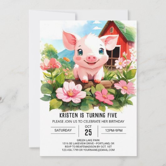 Invitation Boho Barnyard amis Cochon fille anniversaire (Devant)