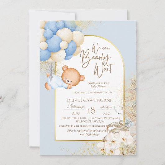 Invitation Boho Bear Baby shower botanique moderne (Devant)