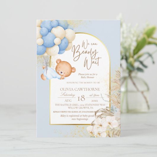 Invitation Boho Bear Baby shower botanique moderne (Debout devant)
